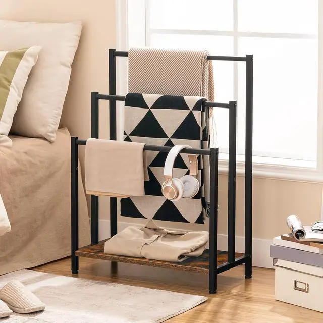 Alt view image 6 of 7 - Free Standing Towel Rack, 3 Tier Blanket Rack, Blanket Holder for Bathroom, 23.6" L x 11" W x 31.9" H, Industrial Metal Drying and Display Rack with Shelf, Rustic Brown and Black BF06LB01