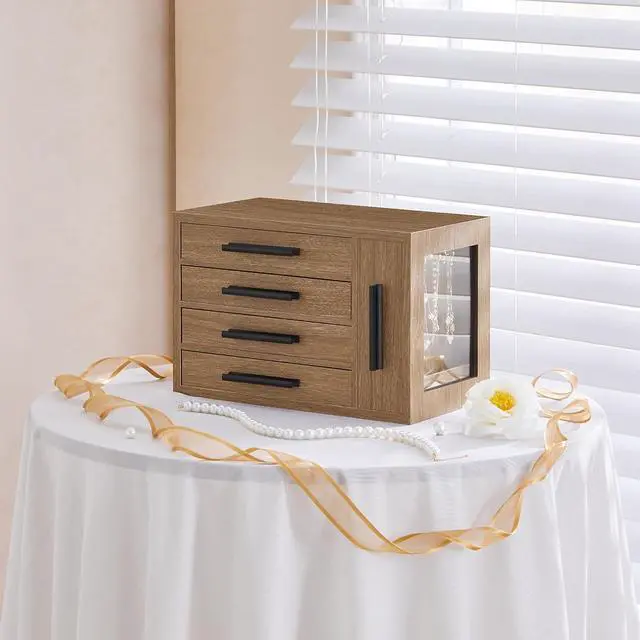 Alt view image 5 of 7 - Jewelry Box for Women, Wooden Jewelry Organizer with Transparent Window, 4-Layer Jewelry Organizer Box, Jewelry Holder Organizer for Earrings, Necklaces, Rings, Light Walnut and Black BSD09JB04