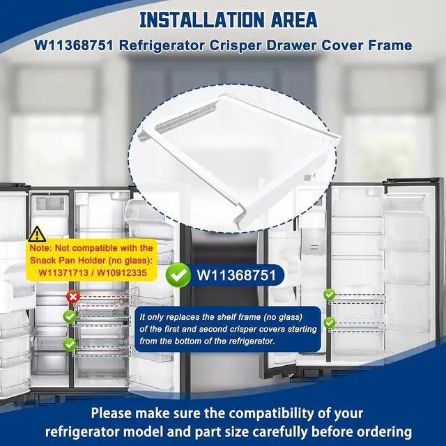 Alt view image 3 of 7 - W11368751, W10905531 Refrigerator Shelf Frame(no glass) Compatible with whirlpool, kenmore, amana, maytag and ikea (some models), Crisper Drawer Cover Frame Replacement: W10904001, AP6888387, 4929301