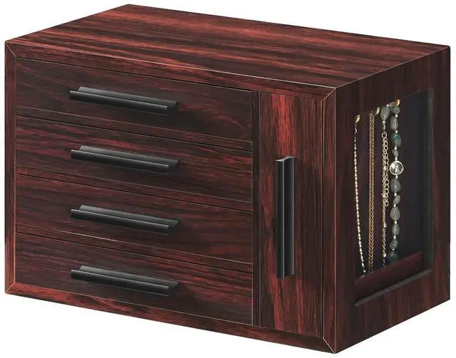 Main image of Jewelry Box for Women, Wooden Jewelry Organizer with Transparent Window, 4-Layer Jewelry Organizer Box, Jewelry Holder Organizer for Earrings, Necklaces, Rings, Dark Walnut and Black BRT09JB04