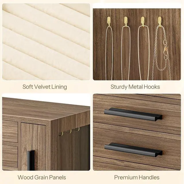 Alt view image 6 of 7 - Jewelry Box for Women, Wooden Jewelry Organizer with Transparent Window, 4-Layer Jewelry Organizer Box, Jewelry Holder Organizer for Earrings, Necklaces, Rings, Light Walnut and Black BSD09JB04