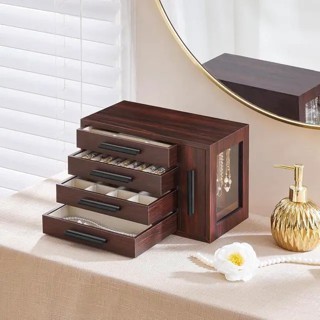 Alt view image 2 of 7 - Jewelry Box for Women, Wooden Jewelry Organizer with Transparent Window, 4-Layer Jewelry Organizer Box, Jewelry Holder Organizer for Earrings, Necklaces, Rings, Dark Walnut and Black BRT09JB04