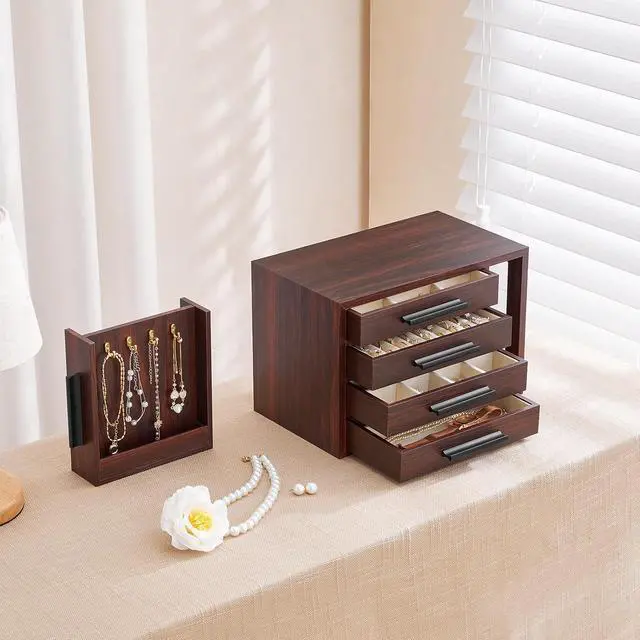 Alt view image 3 of 7 - Jewelry Box for Women, Wooden Jewelry Organizer with Transparent Window, 4-Layer Jewelry Organizer Box, Jewelry Holder Organizer for Earrings, Necklaces, Rings, Dark Walnut and Black BRT09JB04