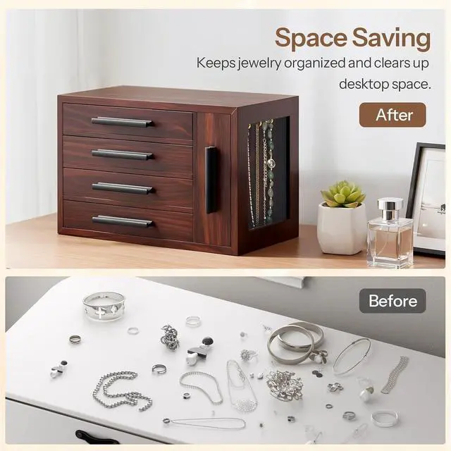 Alt view image 6 of 7 - Jewelry Box for Women, Wooden Jewelry Organizer with Transparent Window, 4-Layer Jewelry Organizer Box, Jewelry Holder Organizer for Earrings, Necklaces, Rings, Dark Walnut and Black BRT09JB04