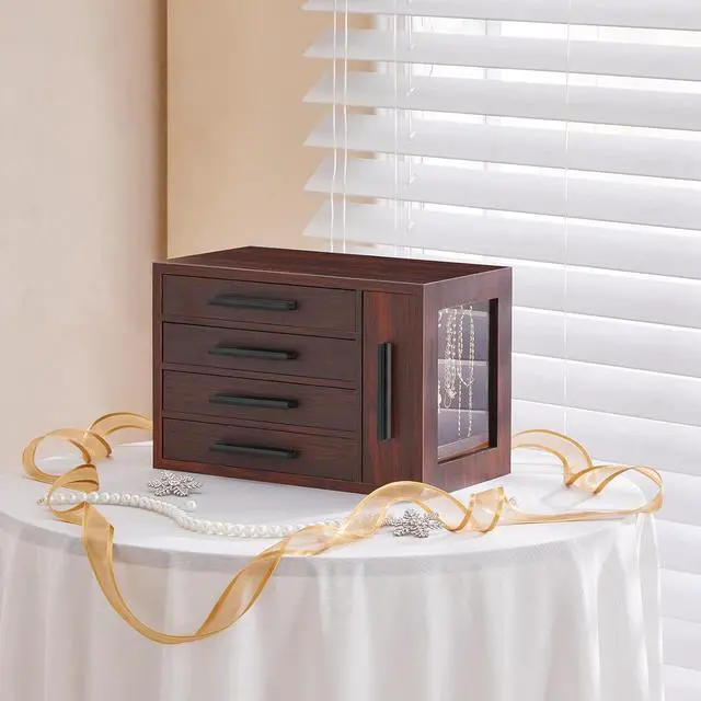 Alt view image 5 of 7 - Jewelry Box for Women, Wooden Jewelry Organizer with Transparent Window, 4-Layer Jewelry Organizer Box, Jewelry Holder Organizer for Earrings, Necklaces, Rings, Dark Walnut and Black BRT09JB04