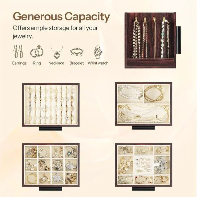 Alt view image 4 of 7 - Jewelry Box for Women, Wooden Jewelry Organizer with Transparent Window, 4-Layer Jewelry Organizer Box, Jewelry Holder Organizer for Earrings, Necklaces, Rings, Dark Walnut and Black BRT09JB04