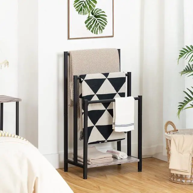 Alt view image 4 of 7 - Free Standing Towel Rack, 3 Tier Blanket Rack, Blanket Holder for Bathroom, 16.9" L x 11" W x 31.9" H, Industrial Metal Drying and Display Rack with Shelf, Greige and Black BG03LB01