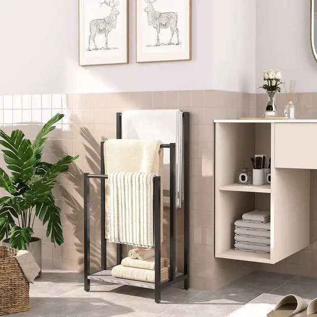 Alt view image 3 of 7 - Free Standing Towel Rack, 3 Tier Blanket Rack, Blanket Holder for Bathroom, 16.9" L x 11" W x 31.9" H, Industrial Metal Drying and Display Rack with Shelf, Greige and Black BG03LB01