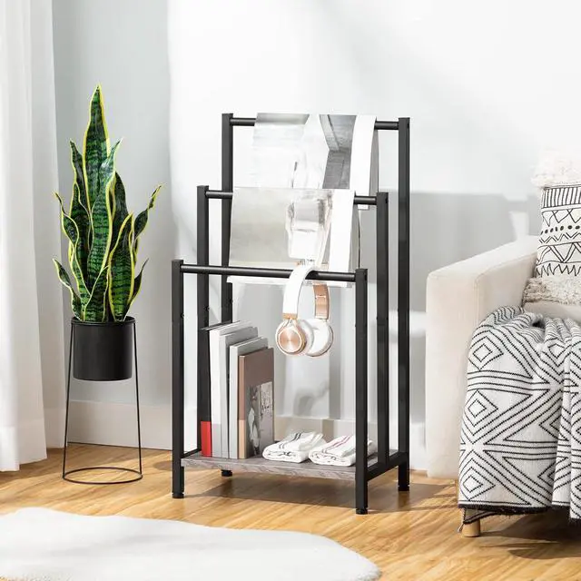 Alt view image 2 of 7 - Free Standing Towel Rack, 3 Tier Blanket Rack, Blanket Holder for Bathroom, 16.9" L x 11" W x 31.9" H, Industrial Metal Drying and Display Rack with Shelf, Greige and Black BG03LB01