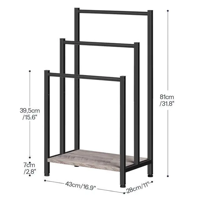 Alt view image 6 of 7 - Free Standing Towel Rack, 3 Tier Blanket Rack, Blanket Holder for Bathroom, 16.9" L x 11" W x 31.9" H, Industrial Metal Drying and Display Rack with Shelf, Greige and Black BG03LB01