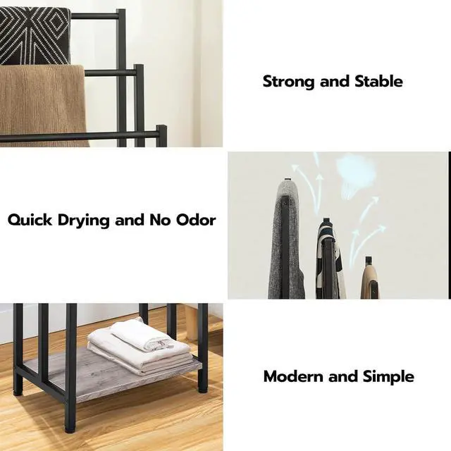 Alt view image 5 of 7 - Free Standing Towel Rack, 3 Tier Blanket Rack, Blanket Holder for Bathroom, 16.9" L x 11" W x 31.9" H, Industrial Metal Drying and Display Rack with Shelf, Greige and Black BG03LB01
