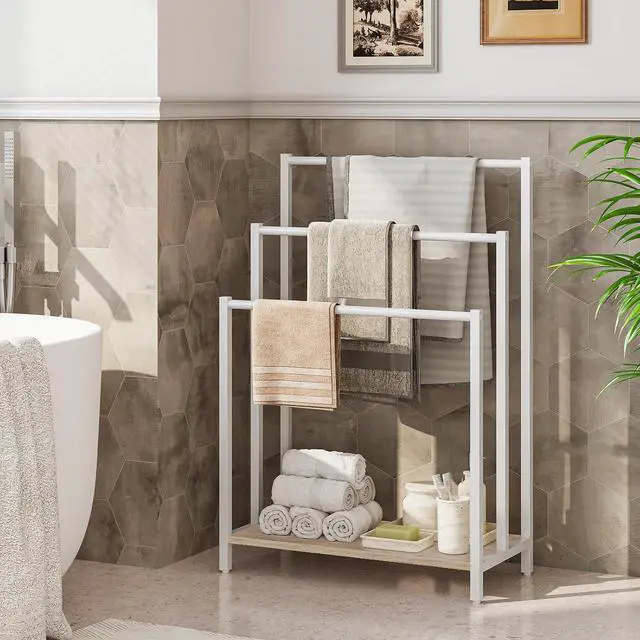 Alt view image 2 of 7 - Free Standing Towel Rack, 3 Tier Blanket Rack, Blanket Holder for Bathroom, 16.9" L x 11" W x 31.9" H, Industrial Metal Drying and Display Rack with Shelf, White and Grey WG03LB01
