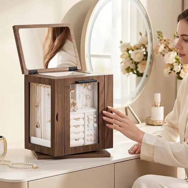 Alt view image 6 of 7 - Jewelry Box for Women, Jewelry Organizer Box, 6-Tier Wooden Jewelry Box and 360° Rotating Jewelry Box with Mirror, Jewelry Organizer with 4 Drawers Bundle, BH12JB04-BH31JB04