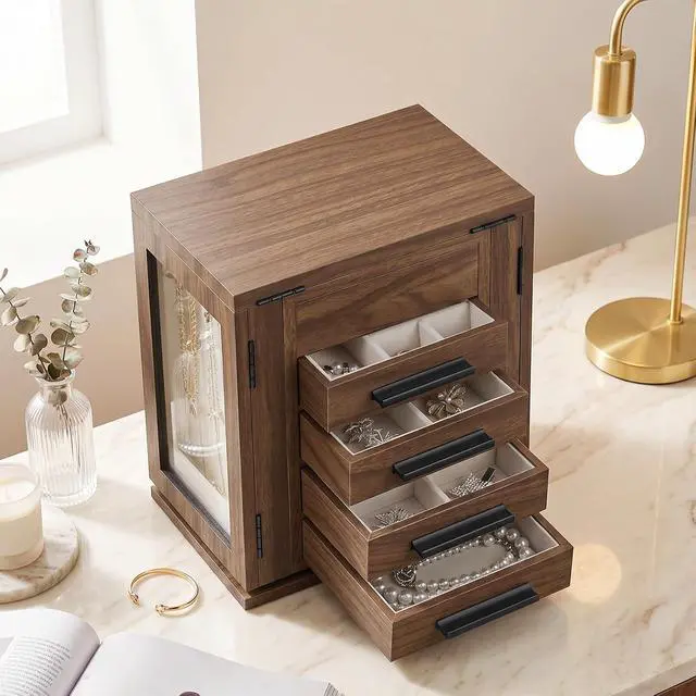 Alt view image 7 of 7 - Jewelry Box for Women, Jewelry Organizer Box, 6-Tier Wooden Jewelry Box and 360° Rotating Jewelry Box with Mirror, Jewelry Organizer with 4 Drawers Bundle, BH12JB04-BH31JB04