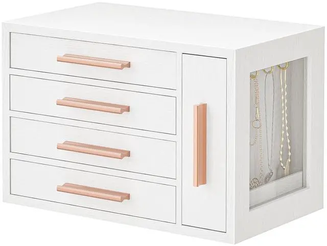 Main image of Jewelry Box for Women, Wooden Jewelry Organizer with Transparent Window, 4-Layer Jewelry Organizer Box, Jewelry Holder Organizer for Earrings, Necklaces, Rings, White and Gold WD09JB04