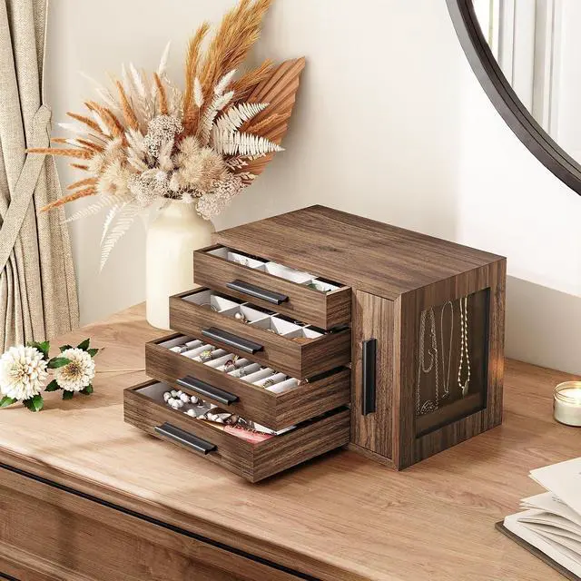 Alt view image 2 of 7 - Jewelry Box for Women and Jewelry Organizer Bundle, Wooden Jewelry Box, Jewelry Case with Side Transparent Window, for Earring, Necklace, Bracelet, Ring BH09JB04-BH12JB04