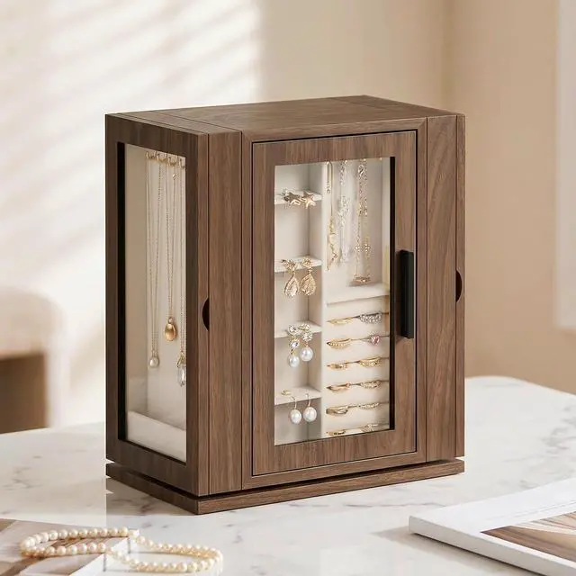 Alt view image 6 of 7 - 5-Tier Jewelry Box, Wooden Jewelry Organizer with Transparent Windows and 360° Rotating Jewelry Box, Wooden Jewelry Organizer Bundle, BH19JB04-BH30JB04