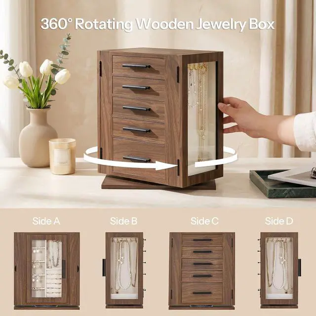 Alt view image 7 of 7 - 5-Tier Jewelry Box, Wooden Jewelry Organizer with Transparent Windows and 360° Rotating Jewelry Box, Wooden Jewelry Organizer Bundle, BH19JB04-BH30JB04
