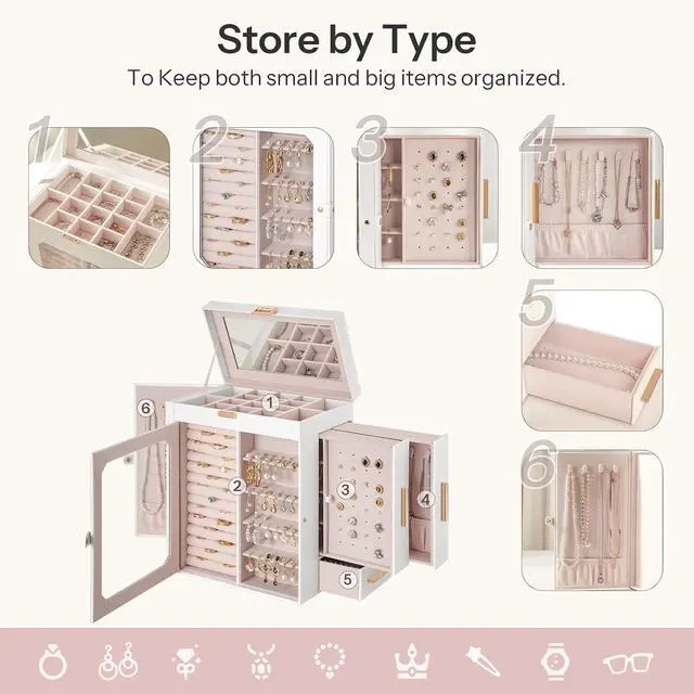 Alt view image 6 of 7 - Jewelry Box with Mirror, Travel Jewelry Organizer with Glass Window, Jewelry Storage Case, Vertical Storage, Gift for Loved Ones, for Earrings, Rings, Necklaces, Bracelets, White WT03JB04G2