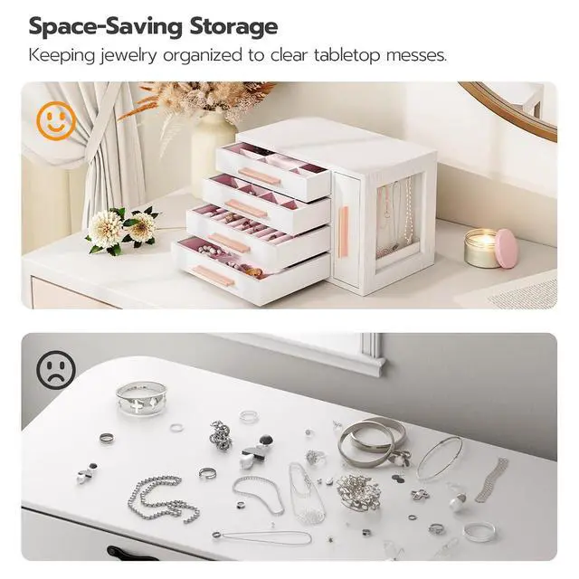 Alt view image 6 of 7 - Jewelry Box for Women, Wooden Jewelry Organizer with Transparent Window, 4-Layer Jewelry Organizer Box, Jewelry Holder Organizer for Earrings, Necklaces, Rings, White and Gold WD09JB04