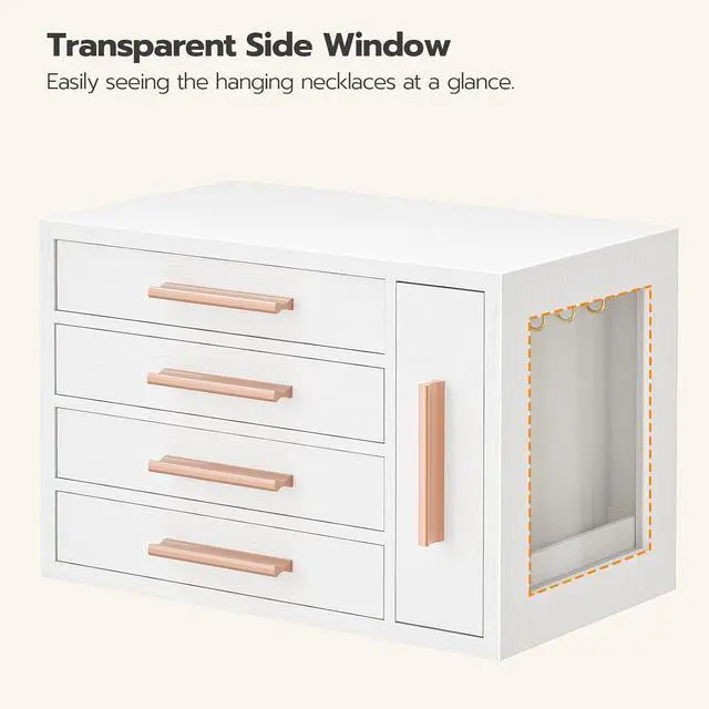 Alt view image 7 of 7 - Jewelry Box for Women, Wooden Jewelry Organizer with Transparent Window, 4-Layer Jewelry Organizer Box, Jewelry Holder Organizer for Earrings, Necklaces, Rings, White and Gold WD09JB04