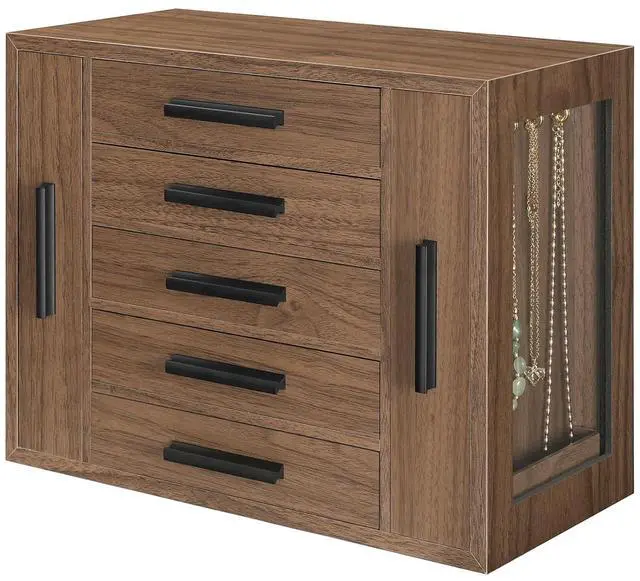 Main image of 5-Tier Jewelry Box, Wooden Jewelry Organizer with Transparent Windows, Jewelry Storage Box with 2 Vertical Drawers, for Earring, Necklace, Bracelet, Ring, Watch, Walnut and Black BH19JB04