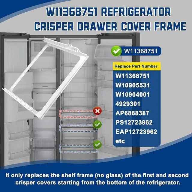 Alt view image 4 of 7 - W11368751, W10905531 Refrigerator Shelf Frame(no glass) Compatible with whirlpool, kenmore, amana, maytag and ikea (some models), Crisper Drawer Cover Frame Replacement: W10904001, AP6888387, 4929301