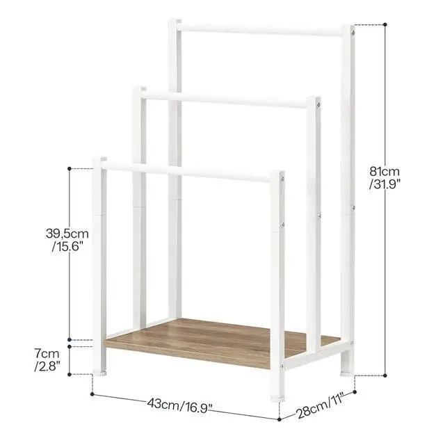 Alt view image 5 of 7 - Free Standing Towel Rack, 3 Tier Blanket Rack, Blanket Holder for Bathroom, 16.9" L x 11" W x 31.9" H, Industrial Metal Drying and Display Rack with Shelf, White and Grey WG03LB01