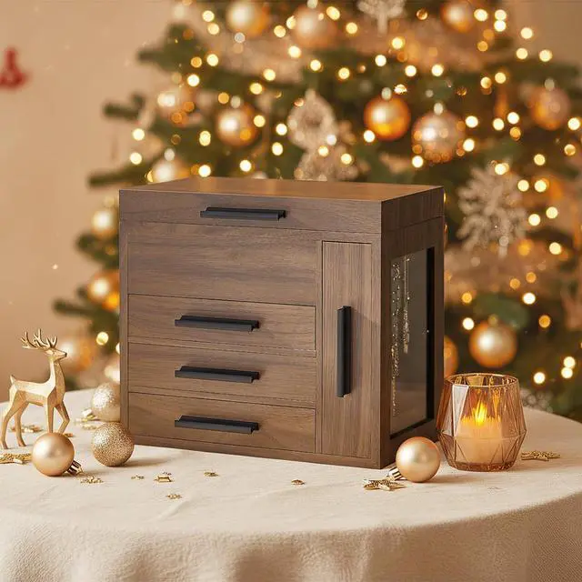 Alt view image 3 of 7 - Jewelry Box with Mirror, Wooden Jewelry Organizer Box with Side Clear Acrylic Panel, Large Jewelry Case for Earrings, Necklaces, Rings, Watches, Walnut BH22JB04