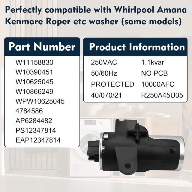 Alt view image 4 of 7 - W11158830 W10625045 Washer Capacitor 45F Compatible with Whirlpool Amana maytag Roper WTW4815EW0 WTW4800BQ0 WTW4816FW1 etc washers (Some Models), Replace Number: W10390451 W10866249 WPW10625045 etc