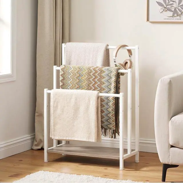 Alt view image 2 of 7 - Free Standing Towel Rack, 3 Tier Blanket Rack, Blanket Holder for Bathroom, 23.6" L x 11" W x 31.9" H, Industrial Metal Drying and Display Rack with Shelf, White and Grey WG06LB01