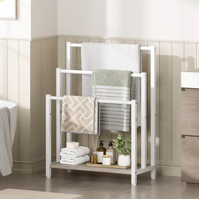 Alt view image 4 of 7 - Free Standing Towel Rack, 3 Tier Blanket Rack, Blanket Holder for Bathroom, 23.6" L x 11" W x 31.9" H, Industrial Metal Drying and Display Rack with Shelf, White and Grey WG06LB01