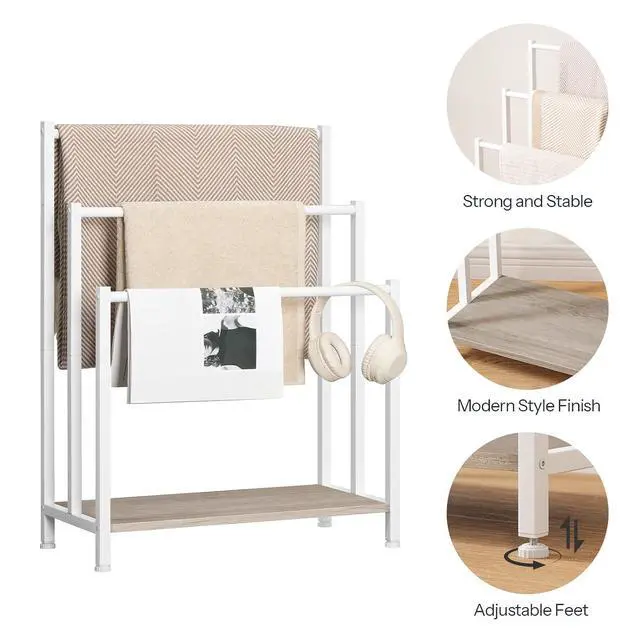 Alt view image 5 of 7 - Free Standing Towel Rack, 3 Tier Blanket Rack, Blanket Holder for Bathroom, 23.6" L x 11" W x 31.9" H, Industrial Metal Drying and Display Rack with Shelf, White and Grey WG06LB01