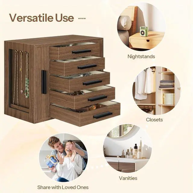Alt view image 6 of 7 - 5-Tier Jewelry Box, Wooden Jewelry Organizer with Transparent Windows, Jewelry Storage Box with 2 Vertical Drawers, for Earring, Necklace, Bracelet, Ring, Watch, Walnut and Black BH19JB04