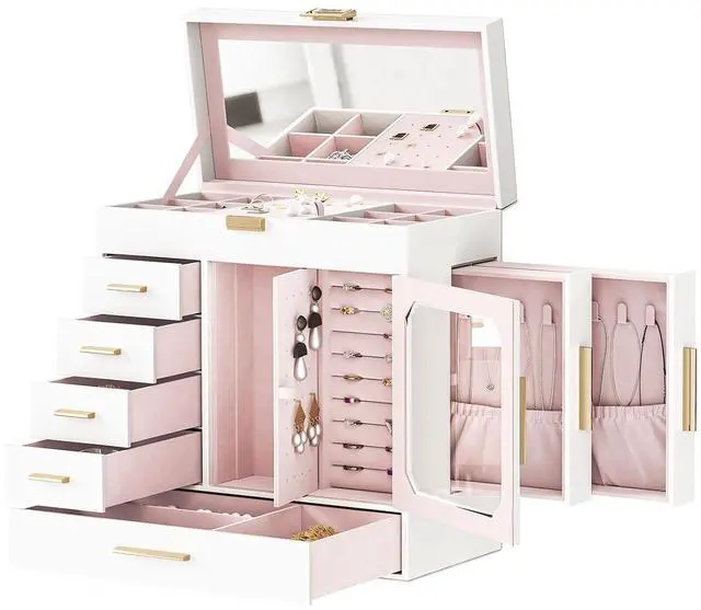 Main image of Jewelry Box with Mirror, Jewelry Organizer Box with Capacious Storage Space, Vertical Storage, Glass Cover, Modern Style, White and Light Gold WT06JB04G1
