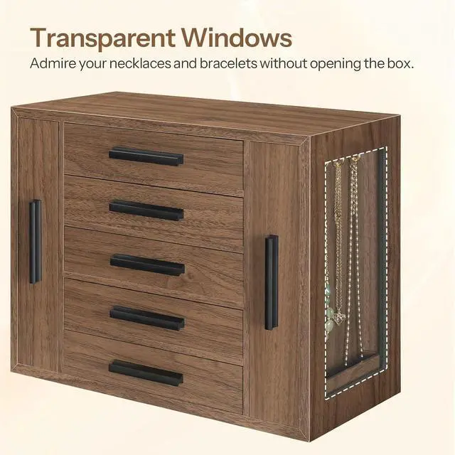 Alt view image 7 of 7 - 5-Tier Jewelry Box, Wooden Jewelry Organizer with Transparent Windows, Jewelry Storage Box with 2 Vertical Drawers, for Earring, Necklace, Bracelet, Ring, Watch, Walnut and Black BH19JB04
