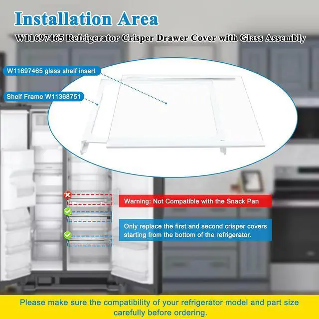 Alt view image 4 of 7 - W11368751, W11697465 Refrigerator Crisper Drawer Cover Assembly (Frame+Glass) Compatible with for whirlpool, maytag, ikea, replaces W10905531, W10904001 Shelf Frame and W11449890 Glass Shelf