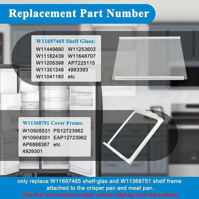 Alt view image 3 of 7 - W11368751, W11697465 Refrigerator Crisper Drawer Cover Assembly (Frame+Glass) Compatible with for whirlpool, maytag, ikea, replaces W10905531, W10904001 Shelf Frame and W11449890 Glass Shelf