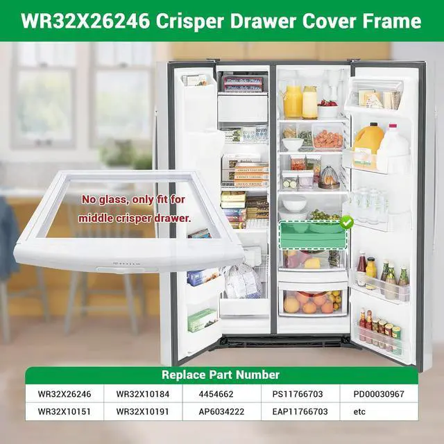 Alt view image 2 of 7 - WR32X26246 Middle Pan Cover Frame (no glass) Compatible with ge, hotpoint Refrigerator, Crisper Drawer Cover Frame WR32X10184 replace WR32X10151, WR32X10191, 4454662, AP6034222, PS11766703 etc.