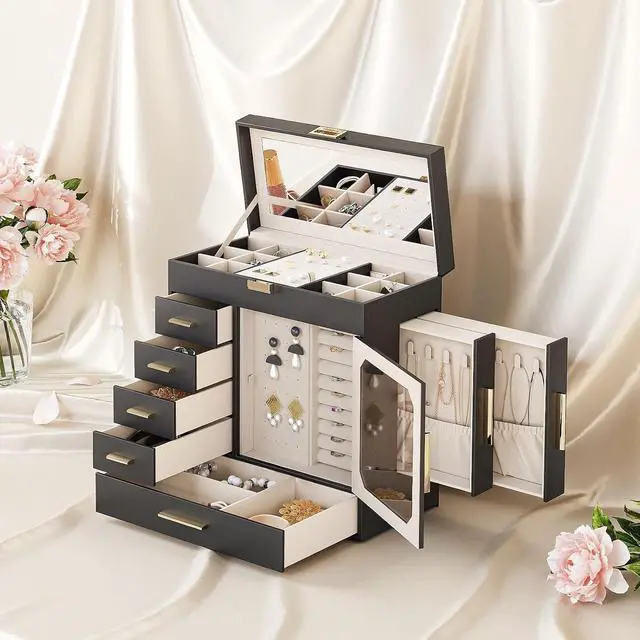 Alt view image 2 of 7 - Jewelry Box with Mirror, Jewelry Organizer Box with Capacious Storage Space, Jewelry Holder Organizer, Hand-Held Jewelry Case, Glass Cover, Modern Style, Black and Light Gold BK06JB04G1