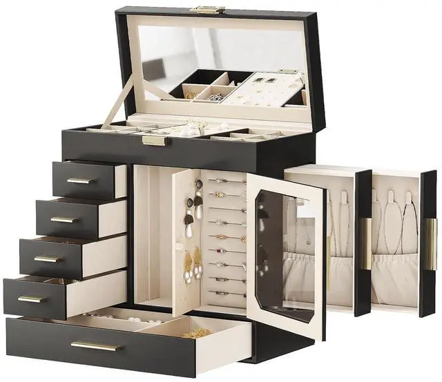 Main image of Jewelry Box with Mirror, Jewelry Organizer Box with Capacious Storage Space, Jewelry Holder Organizer, Hand-Held Jewelry Case, Glass Cover, Modern Style, Black and Light Gold BK06JB04G1