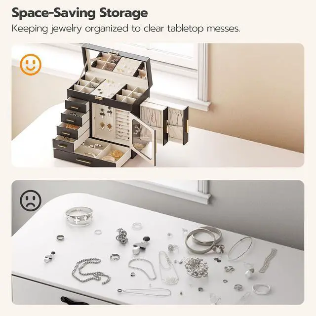 Alt view image 4 of 7 - Jewelry Box with Mirror, Jewelry Organizer Box with Capacious Storage Space, Jewelry Holder Organizer, Hand-Held Jewelry Case, Glass Cover, Modern Style, Black and Light Gold BK06JB04G1