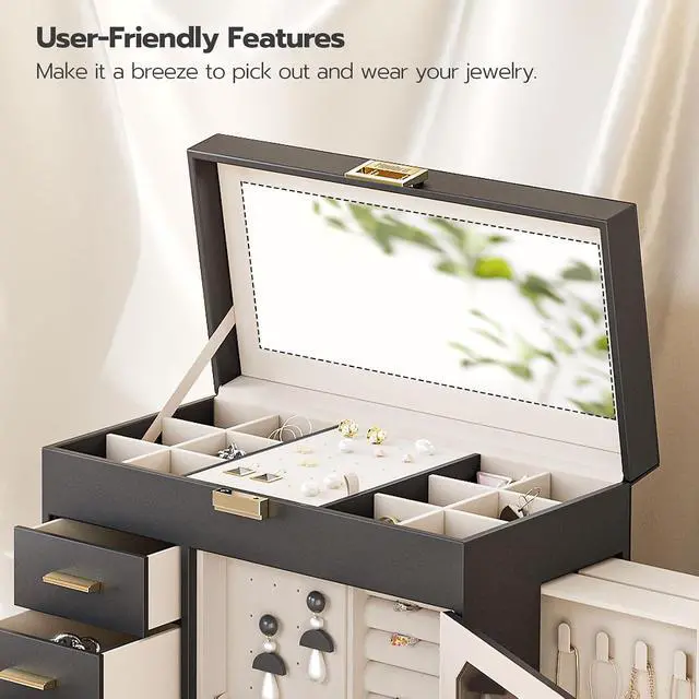 Alt view image 7 of 7 - Jewelry Box with Mirror, Jewelry Organizer Box with Capacious Storage Space, Jewelry Holder Organizer, Hand-Held Jewelry Case, Glass Cover, Modern Style, Black and Light Gold BK06JB04G1