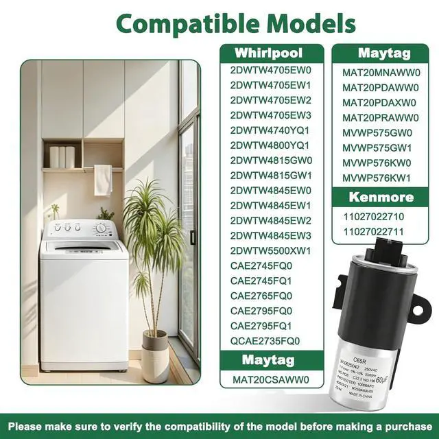 Alt view image 4 of 7 - W11227944 W10625042 Washer Capacitor 60F Compatible with Whirlpool maytag Kenmore CAE2745FQ1 MVWP576KW1 MVWP575GW1 MVWP575GW0 etc washers (Some Models), Replace Number: W10456705 4844938 etc