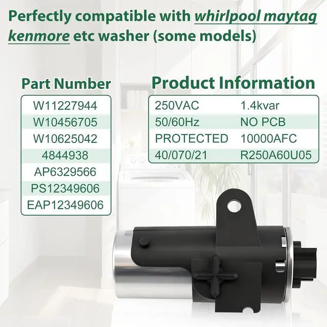 Alt view image 3 of 7 - W11227944 W10625042 Washer Capacitor 60F Compatible with Whirlpool maytag Kenmore CAE2745FQ1 MVWP576KW1 MVWP575GW1 MVWP575GW0 etc washers (Some Models), Replace Number: W10456705 4844938 etc
