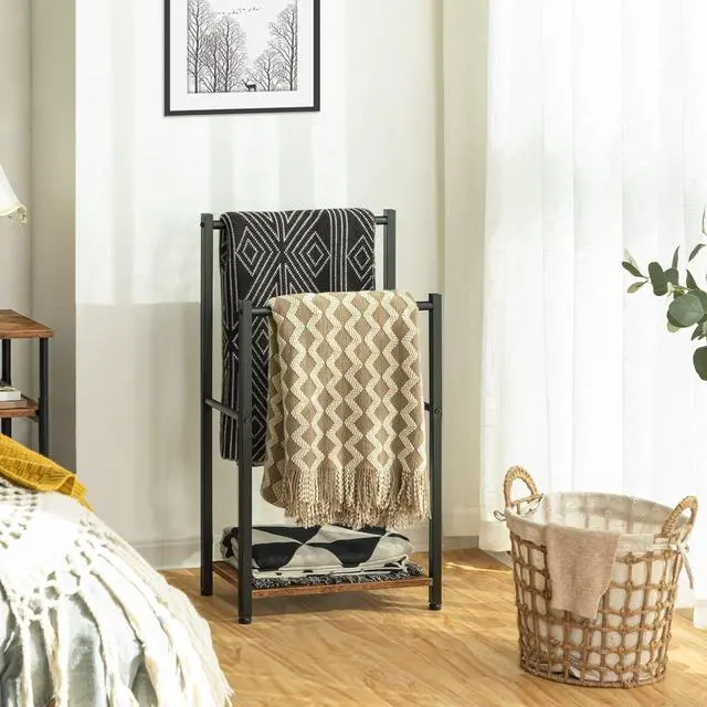 Alt view image 2 of 7 - Free Standing Towel Rack for Bathroom, 2 Tier Blanket Rack, 16.5" L x 9.4" W x 31.5" H, Blanket Holder, Drying and Display Rack with Shelf, Rustic Brown and Black BF02LB01