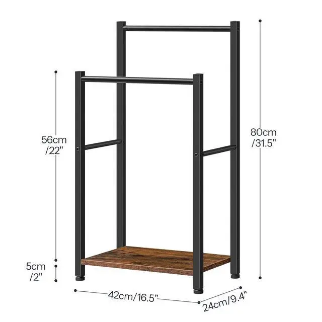 Alt view image 4 of 7 - Free Standing Towel Rack for Bathroom, 2 Tier Blanket Rack, 16.5" L x 9.4" W x 31.5" H, Blanket Holder, Drying and Display Rack with Shelf, Rustic Brown and Black BF02LB01
