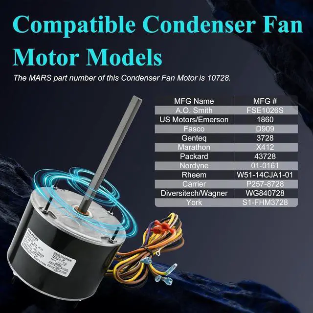 Alt view image 2 of 7 - 10728 Condenser Motor Replacement for Mars 10733, A.O. Smith FSE1026S, Fasco D909/ D749, Genteq 3728, Diversitech-WG840728, W51-14CJA1-02 etc, 1/4 hp, 1075 RPM, 208-230V, 1 Speed, 1-Year Warranty