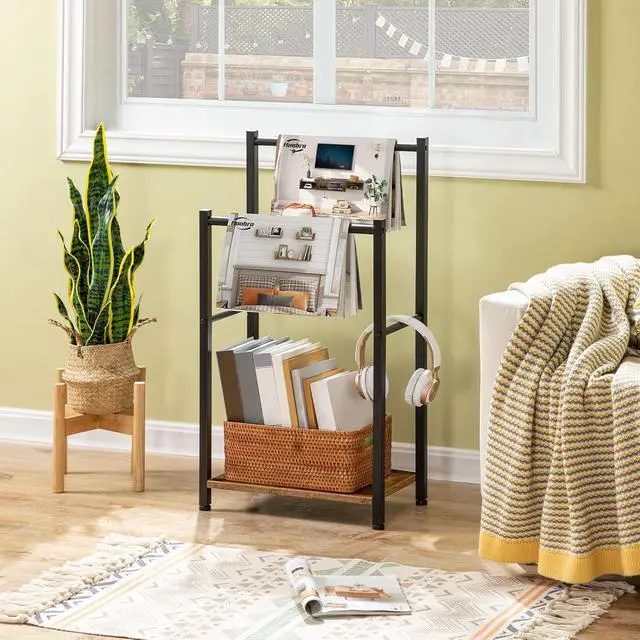 Alt view image 6 of 7 - Free Standing Towel Rack for Bathroom, 2 Tier Blanket Rack, 16.5" L x 9.4" W x 31.5" H, Blanket Holder, Drying and Display Rack with Shelf, Rustic Brown and Black BF02LB01