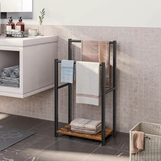 Alt view image 3 of 7 - Free Standing Towel Rack for Bathroom, 2 Tier Blanket Rack, 16.5" L x 9.4" W x 31.5" H, Blanket Holder, Drying and Display Rack with Shelf, Rustic Brown and Black BF02LB01